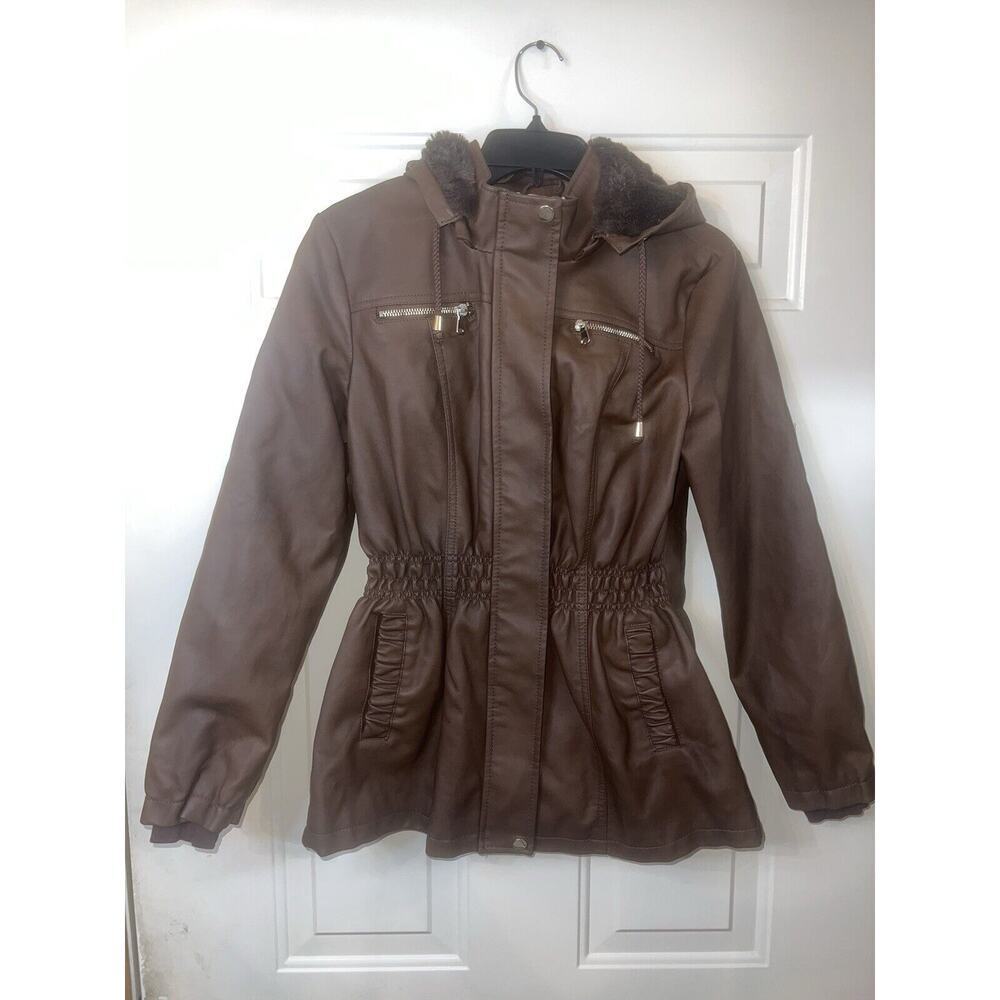 Cavalini Vegan Leather Women’s Jacket Brown Large Full Zip Hooded Trench Coat